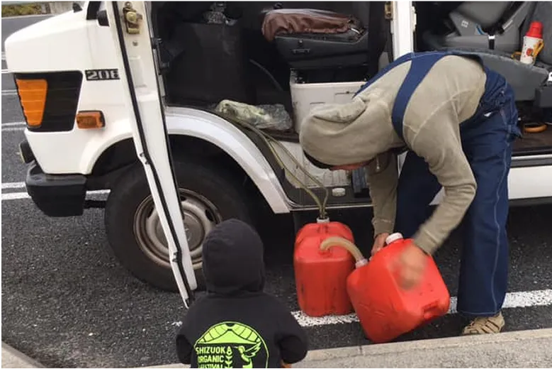 白いバンの横で、大人が赤いポリタンクから燃料を移している。その後ろで小さな子供が見ている様子。