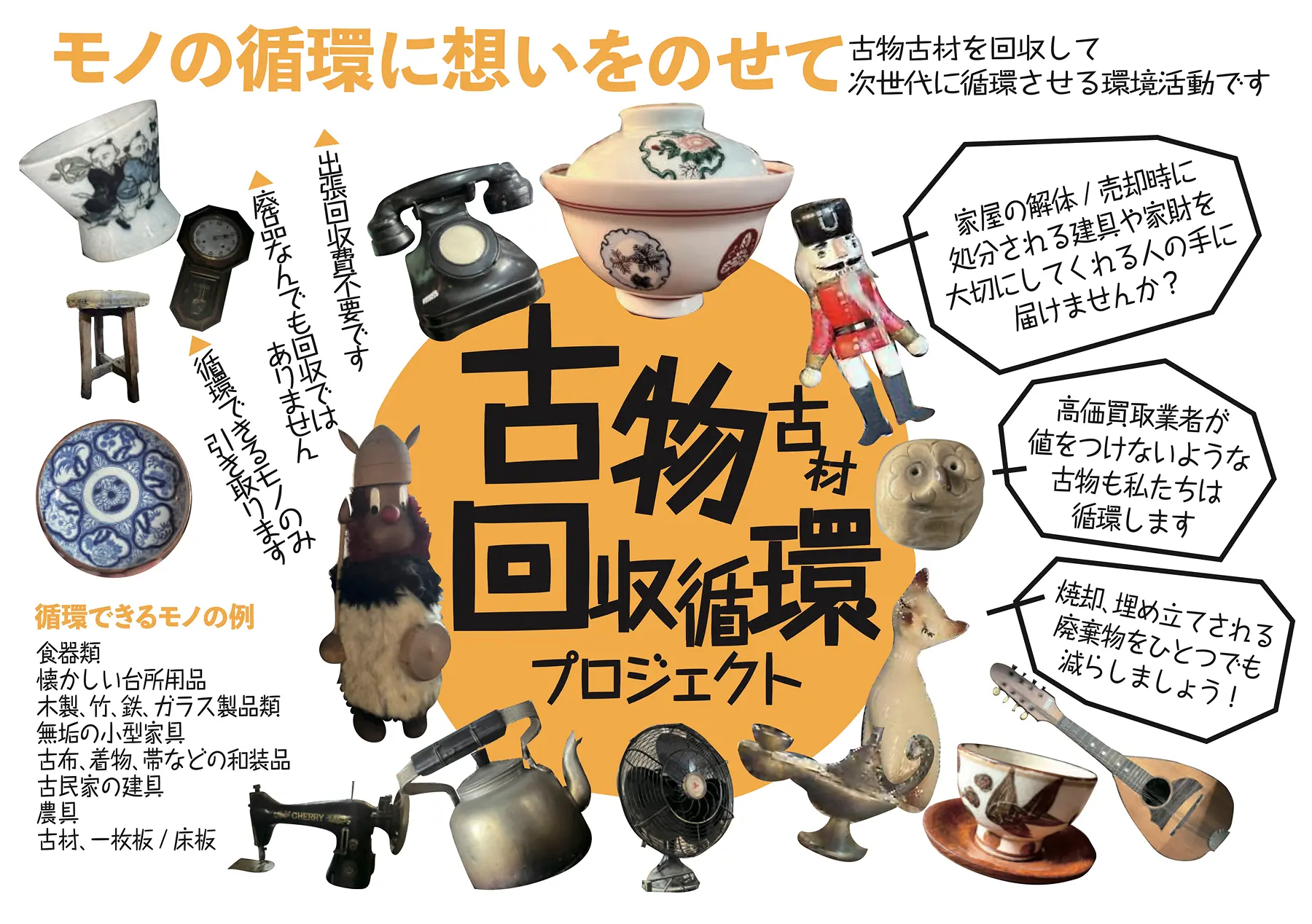 様々な古物の写真。「古物古材 回収循環プロジェクト」と書かれ、古い物を回収して再利用する活動を紹介しています。